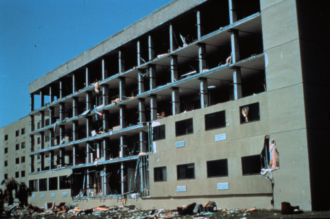 Hurricane Andrew - Shearwall of apartment building literally pealed off by winds