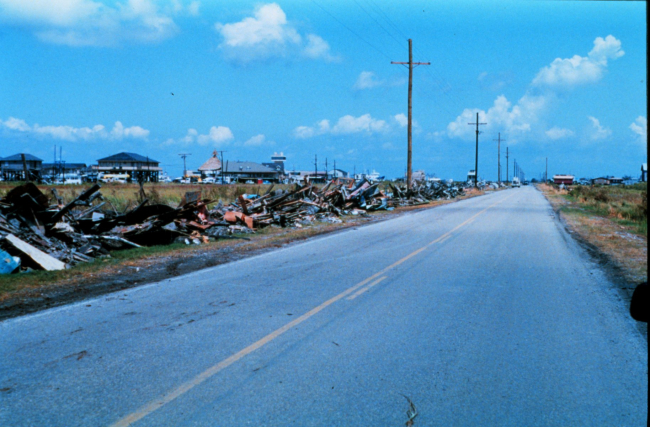 Hurricane Andrew - Debris along Highway 57 near Cocodrie Petroleum DepotSeveral days after storm - debris had covered road surface