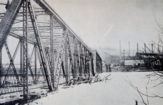 Railroad bridge leading to Carnegie Steel plant at Youngstown, Ohio