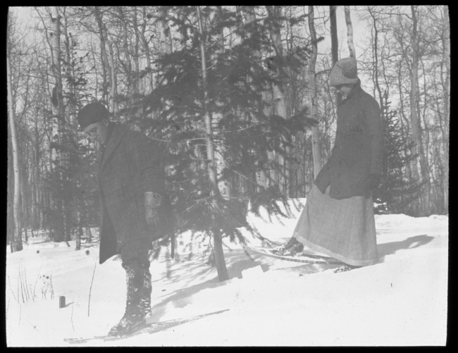 The Weather Bureau observer and his wife proceeding on snow shoes to the Weather Bureau/Forest Service cooperative site outside of Ephriam, Utah, for snowobservations