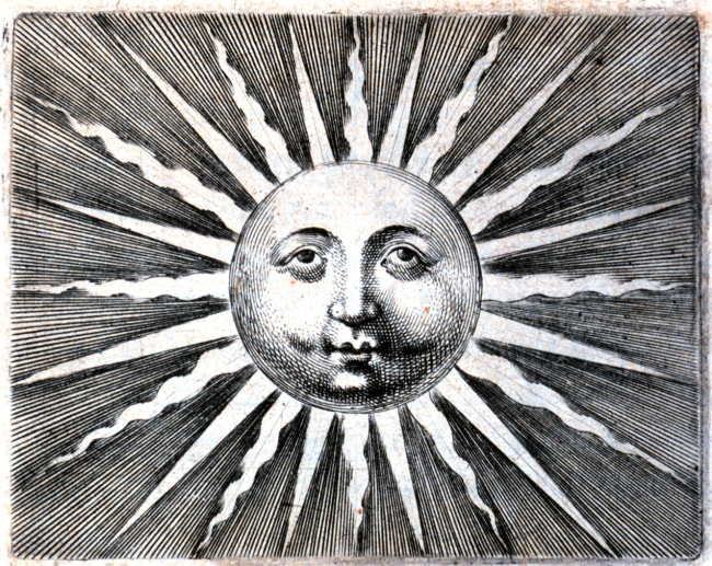 Blow up of sun image ontitle page of De thermis Andreae Baccii Elpidiani, civis Romani 