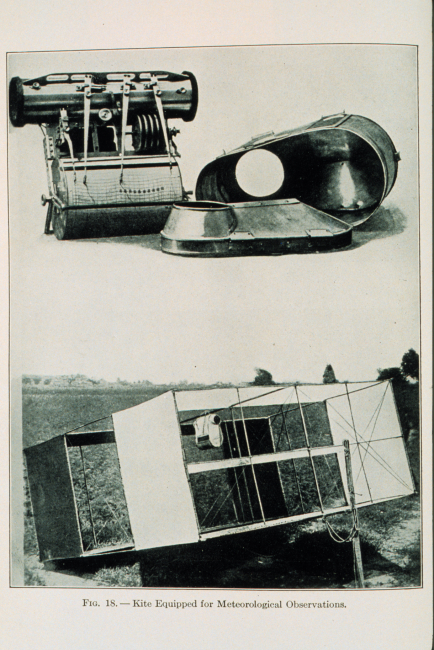 A kite equipped for meteorological observationsFigure 18 of Meteorology by Willis Milham, 1912Time, pressure, temperature, and humidity were recordedRecording instrument was a Marvin Meteorograph