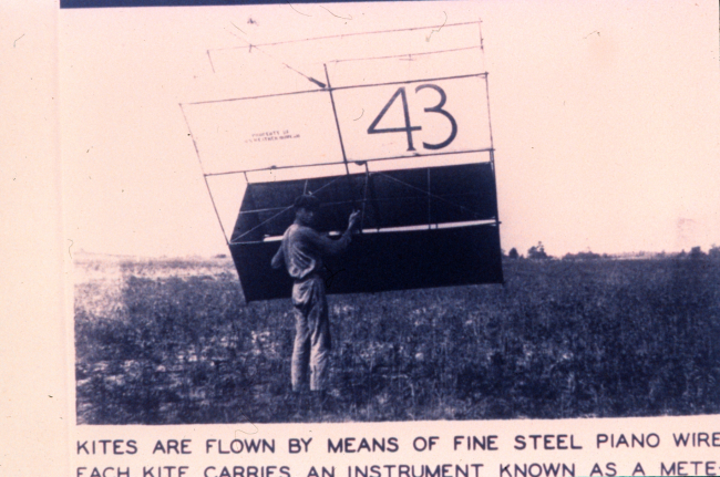 Kites were flown and secured by means of thin steel piano-wire