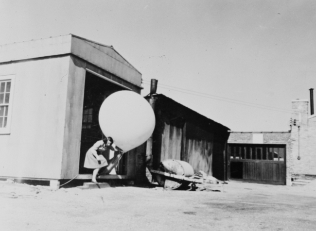 Preparing to launch a pilot balloonWomen's first opportunities in meteorology occurred as a result of WWII