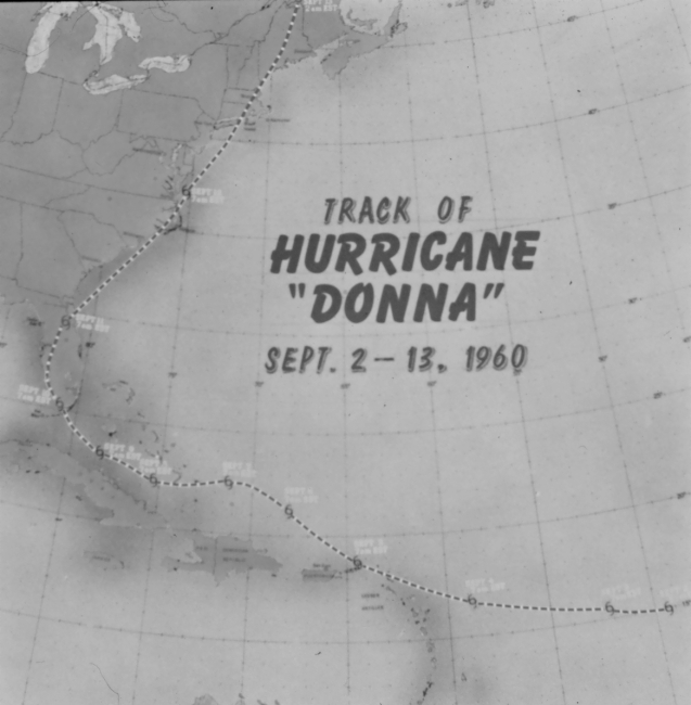 The track of Hurricane Donna as tracked by radar -  Photo #1 of sequence Not the first hurricane seen on radar, this was the best tracked at time
