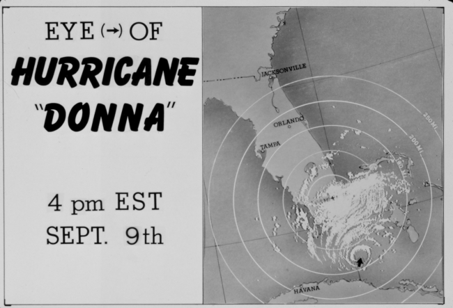 The track of Hurricane Donna as tracked by radar -  Photo #4 of sequence Not the first hurricane seen on radar, this was the best tracked at time