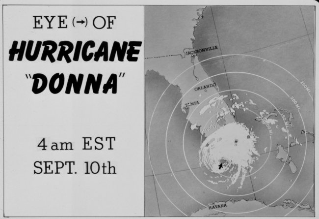 The track of Hurricane Donna as tracked by radar -  Photo #6 of sequence Not the first hurricane seen on radar, this was the best tracked at time