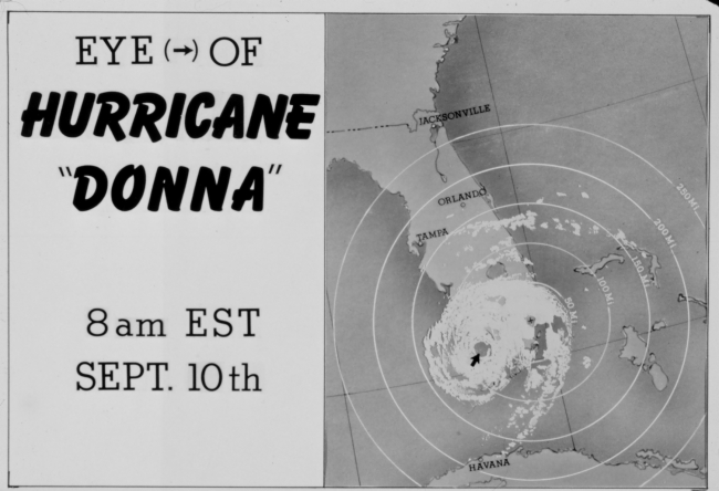 The track of Hurricane Donna as tracked by radar -  Photo #7 of sequence Not the first hurricane seen on radar, this was the best tracked at time
