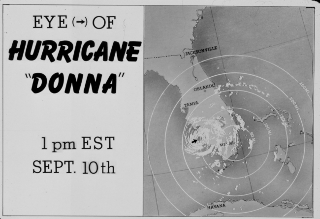 The track of Hurricane Donna as tracked by radar -  Photo #8 of sequence Not the first hurricane seen on radar, this was the best tracked at time