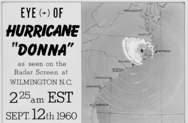 The track of Hurricane Donna as tracked by radar -  Photo #14 of sequence Not the first hurricane seen on radar, this was the best tracked at time