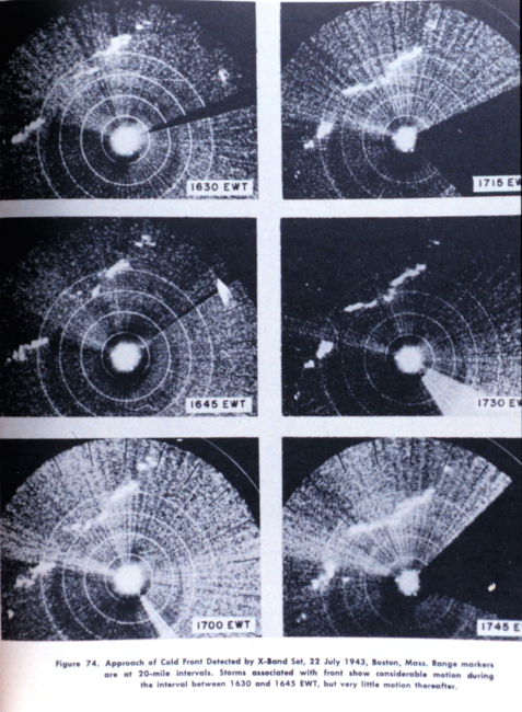 Approach of a cold front as observed on an X-Band radar set at Boston in July,1943