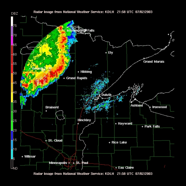 Radar image showing bow echo as squall line approaches Grand Rapids
