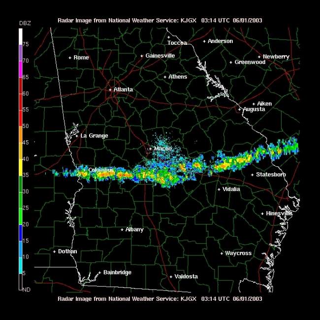A weak squall line bisecting Georgia from east to west