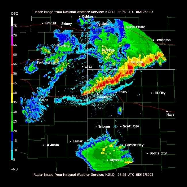 A strong squall line with associated gust front (blue reflection) south ofstrong red and yellow reflections) in northwest Kansas
