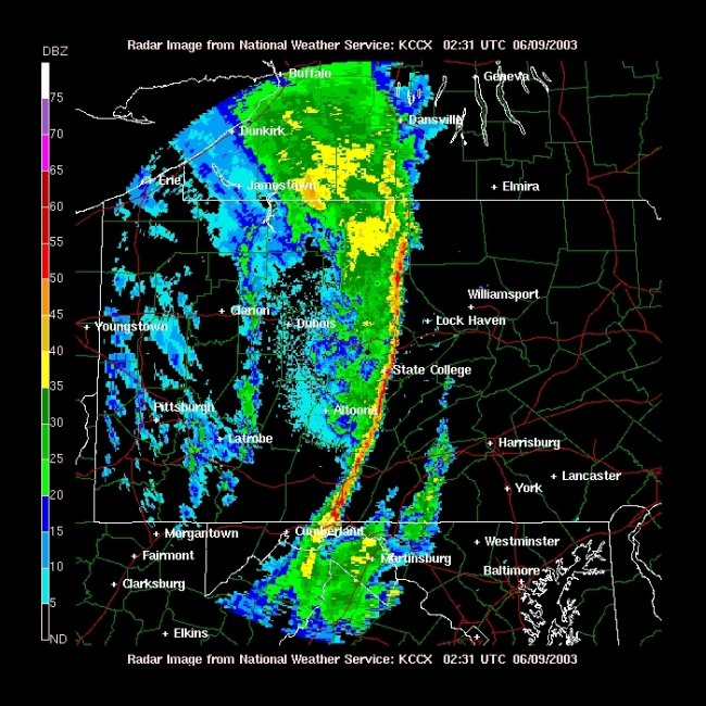 A narrow squall line nearly bisecting Pennsylvania from north to south