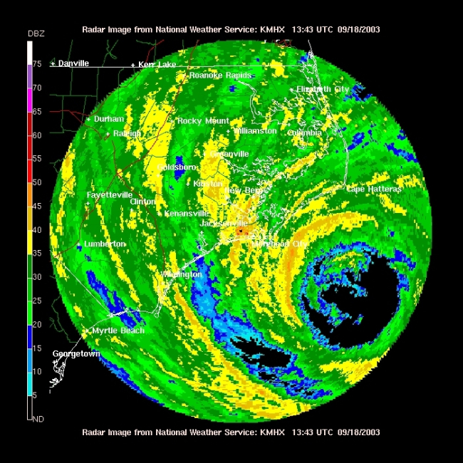 Rainbands and eyewall of Hurricane Isobel seen in its entirety from Newport,North Carolina, radar