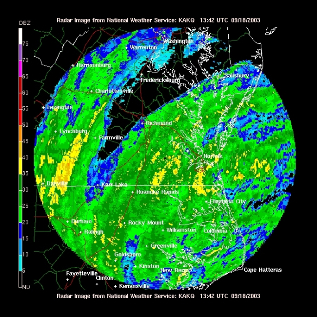 Rainbands from Hurricane Isobel seen from Wakefield, Virginia, radar