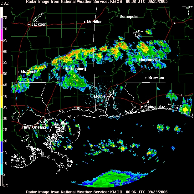 The outer rainband from Hurricane Rita as seen from the Mobile radar