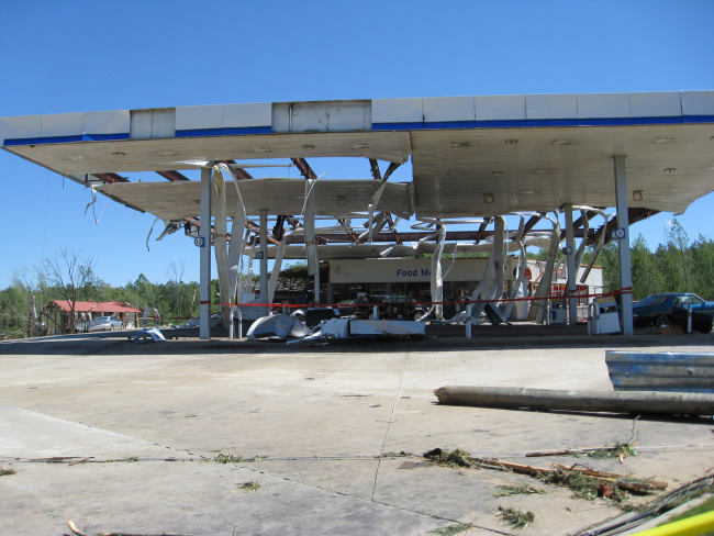 Damage to Chevron gas station in Barnesville from the Pike, Lamar, Monroe, andButts EF3 tornado