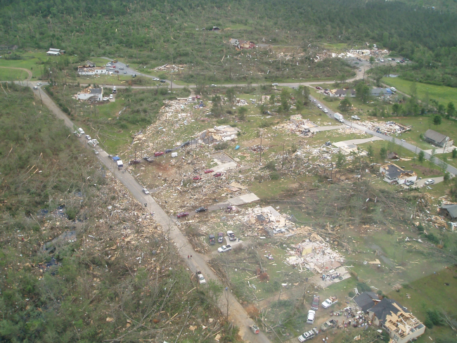 Aerial photo showing near total destruction of a number of homes in BartowCount by the Bartow-Cherokee-Pickens EF3 tornado