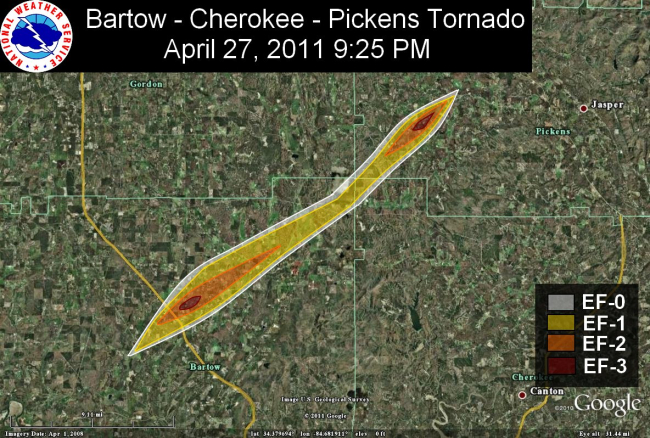 Track of the Bartow-Cherokee-Pickens tornado showing maximum strengthof Fujita Scale F-3