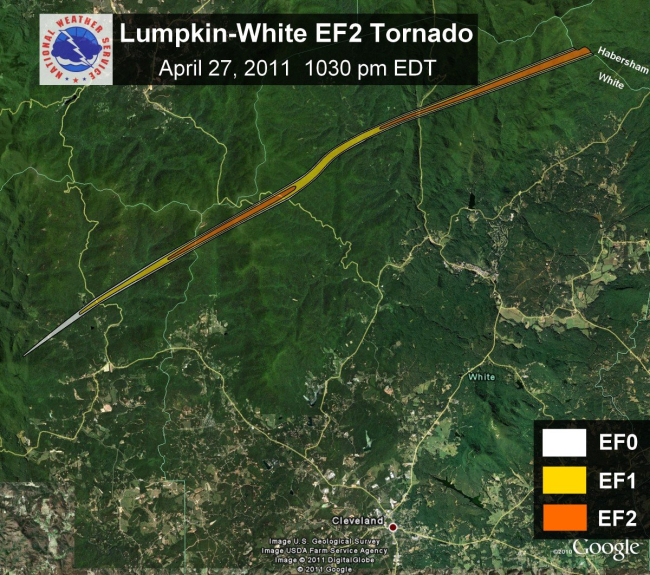 Path of the Lumpkin-White EF2 tornado that struck Lumpkin and White Counties
