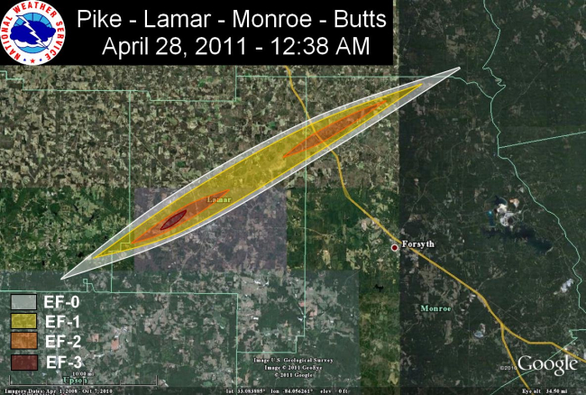 Path of the EF3 tornado that struck Pike, Lamar, Monroe, and Butts Counties