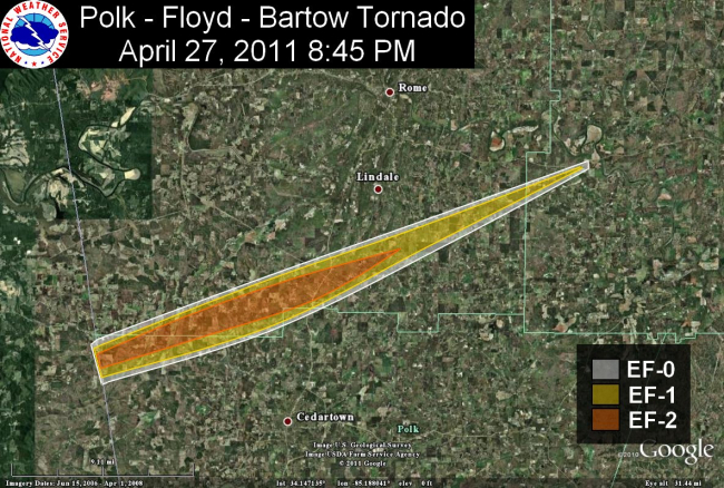 Path of EF-2 tornado that struck Polk, Floyd, and Bartow Counties