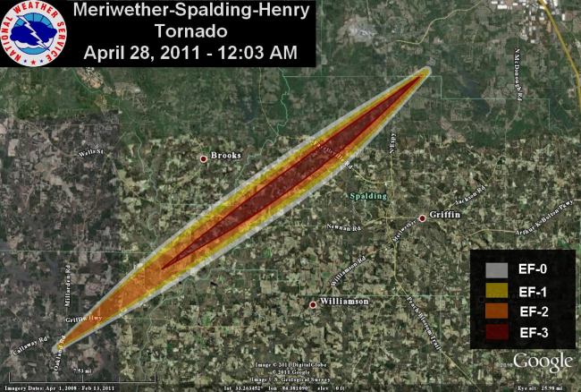 Path of large EF3 Meriwether-Spalding-Henry Counties tornado