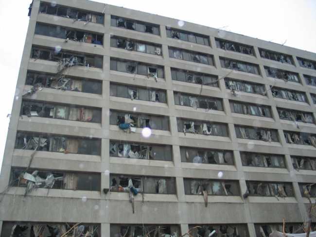Blown out windows of Joplin Hospital that was effectively destroyed by an F-5tornado
