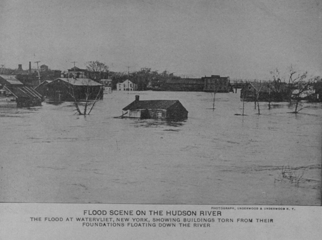 Flooding along the Hudson with buildings torn off their foundations floatingdown the river