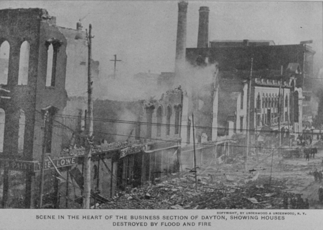 The business section of Dayton with buildings destroyed by both flood and fire