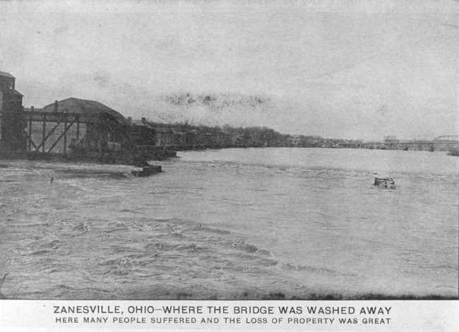 Bridge piers remain in the river where the bridge was washed away at Zanesville