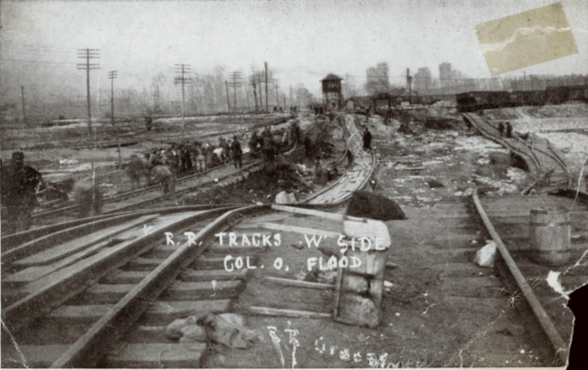 Washed out railroad tracks on the west side of Columbus