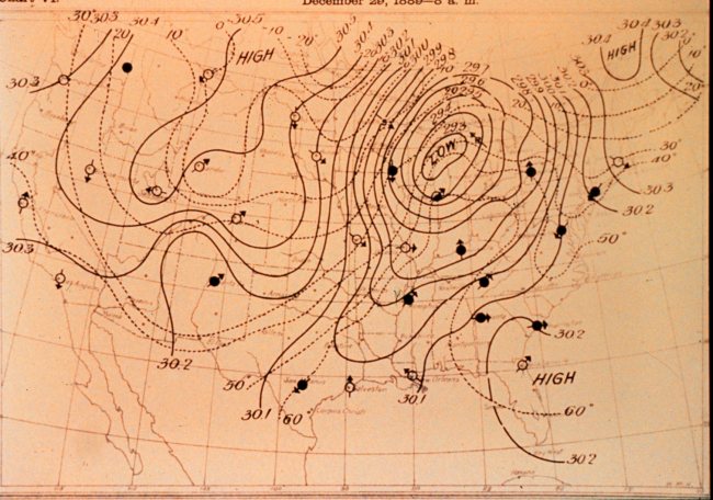Signal Service Weather map showing huge storm system over Great Lakes region
