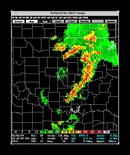 Tornadic thunderstorms ravaging Oklahoma during the great OklahomaTornado Outbreak of 1999