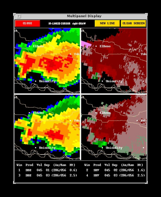 Reflectivity image and storm relative velocity image showing location of tornado to the west of Union City during the great Oklahoma Tornado Outbreak of 1999