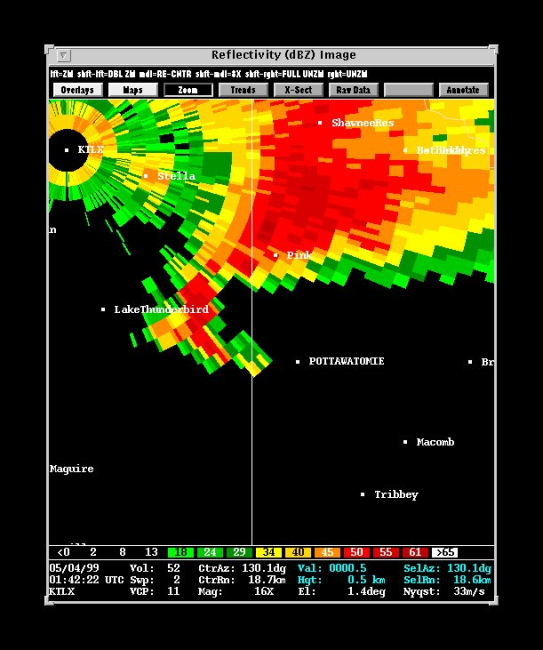 Reflectivity image of tornado bearing hook echo to west of Pottawatomie