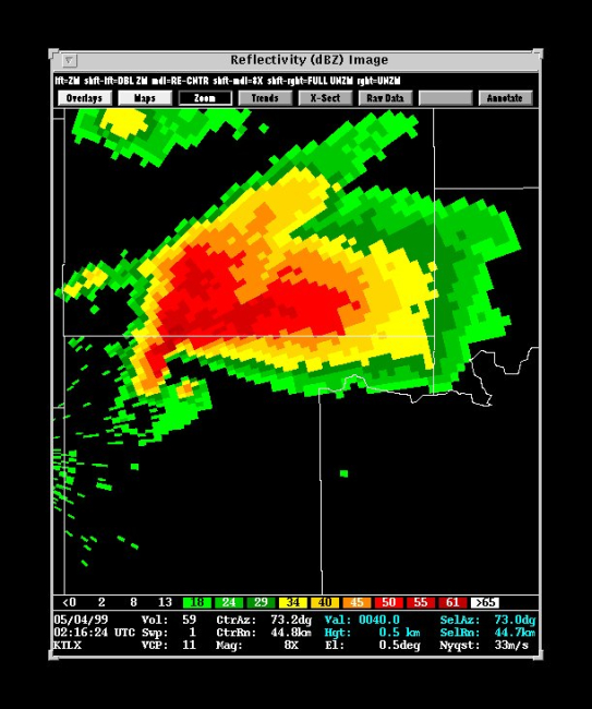 Reflectivity image of the same  elongated supercell showing intensification andbetter defined  hook echo