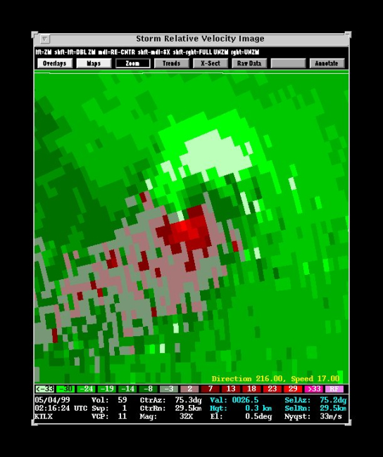 Storm relative velocity doppler display showing rotation