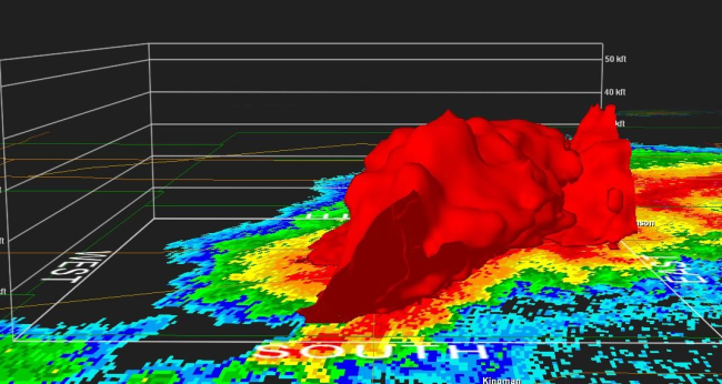 3-D image of the Reno County intense thunder storm showing the intense part of tstorm extending upward to over 40,000 feet