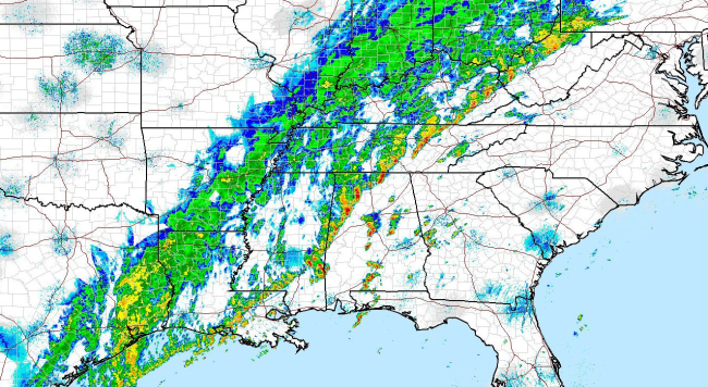 Radar display of frontal system with fairly intense precipitation extendingacross the Southeast United States