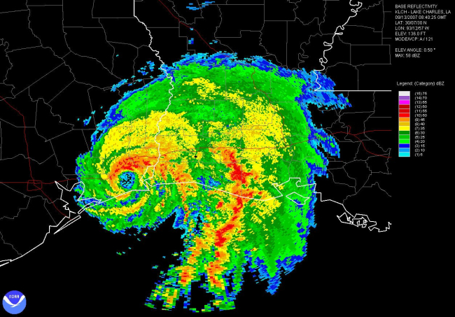 Hurricane Humberto shortly after making landfall at High Island, Texas