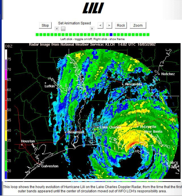 Part of a loop showing the evolution of Hurricane Lili on the Lake Charles radar
