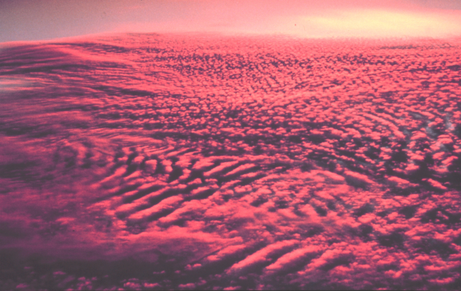 A glorious sunset illuminates altocumulus clouds as seen from above