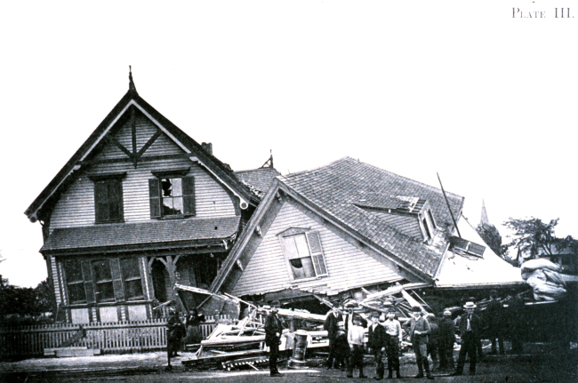 A house whose first floor collapsed following tornado passage at Lawrence