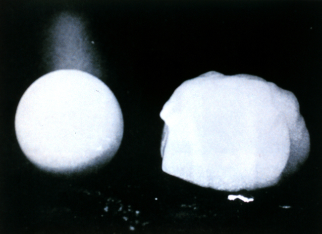 Comparison of a tennis ball on the left with a large hailstone