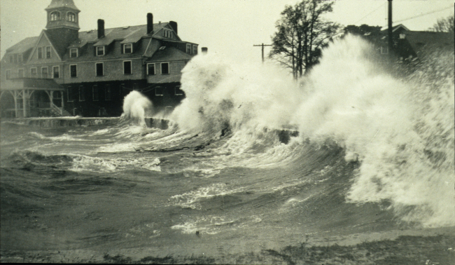 Waves batter the seawall at Woods Hole during the 1938 hurricane
