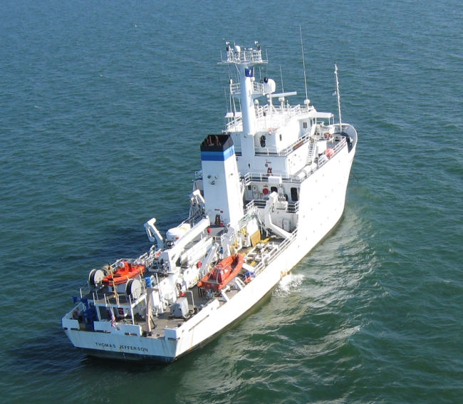 The NOAA Ship THOMAS JEFFERSON surveying approaches to harbors andthe interior of harbors for obstructions