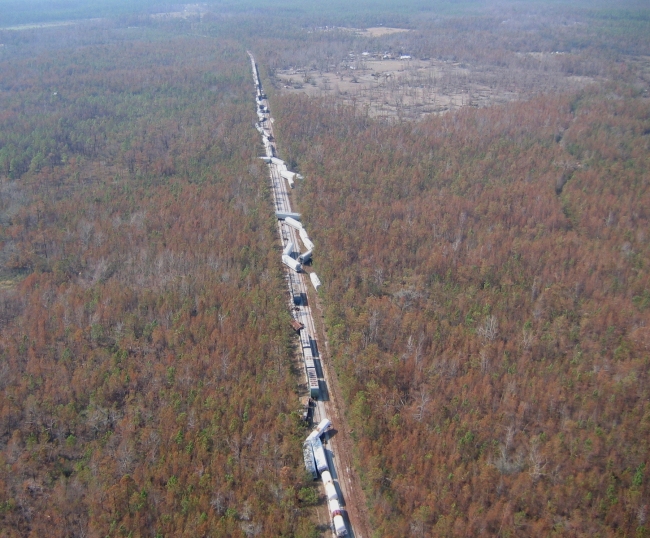 A train blown off a siding as result of Hurricane Katrina
